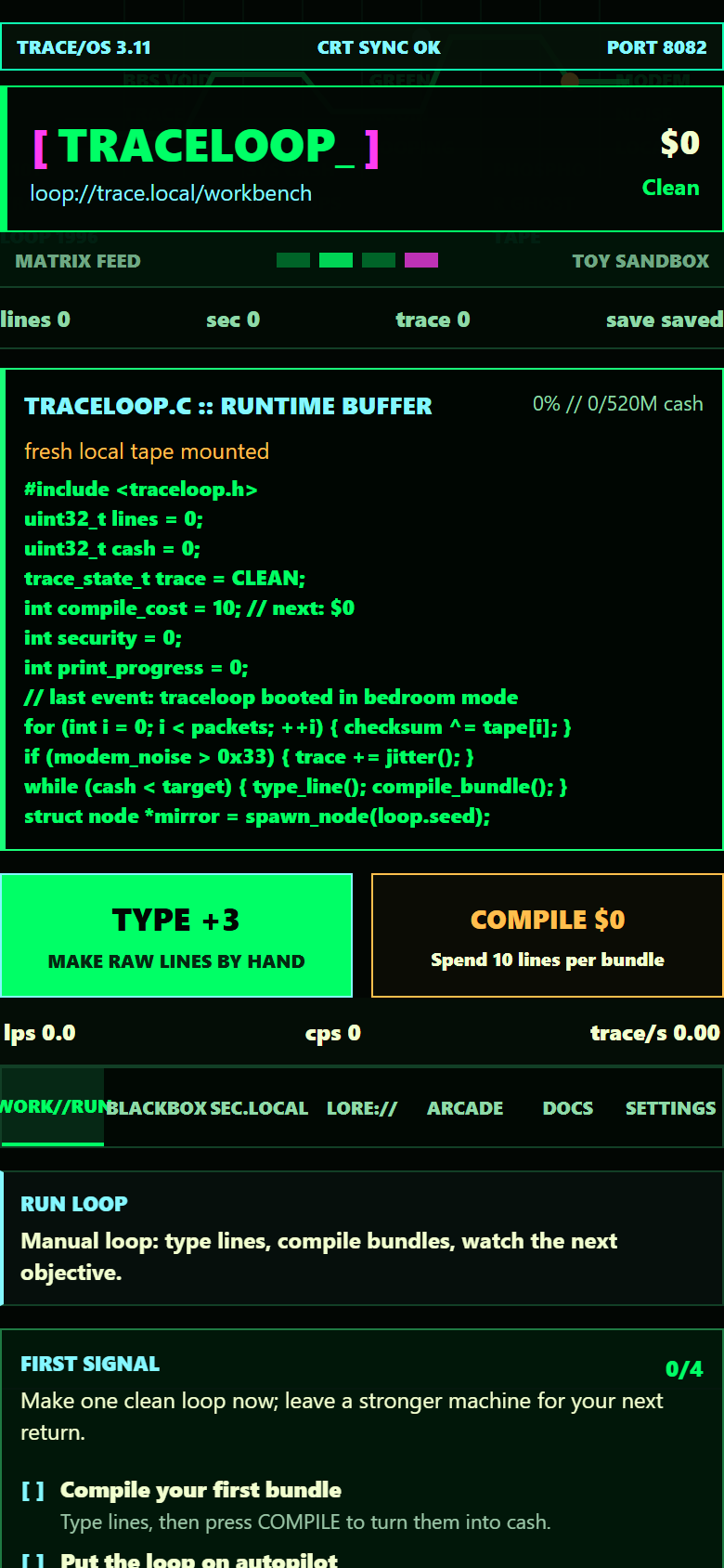 La boucle principale de Traceloop dans un terminal vert